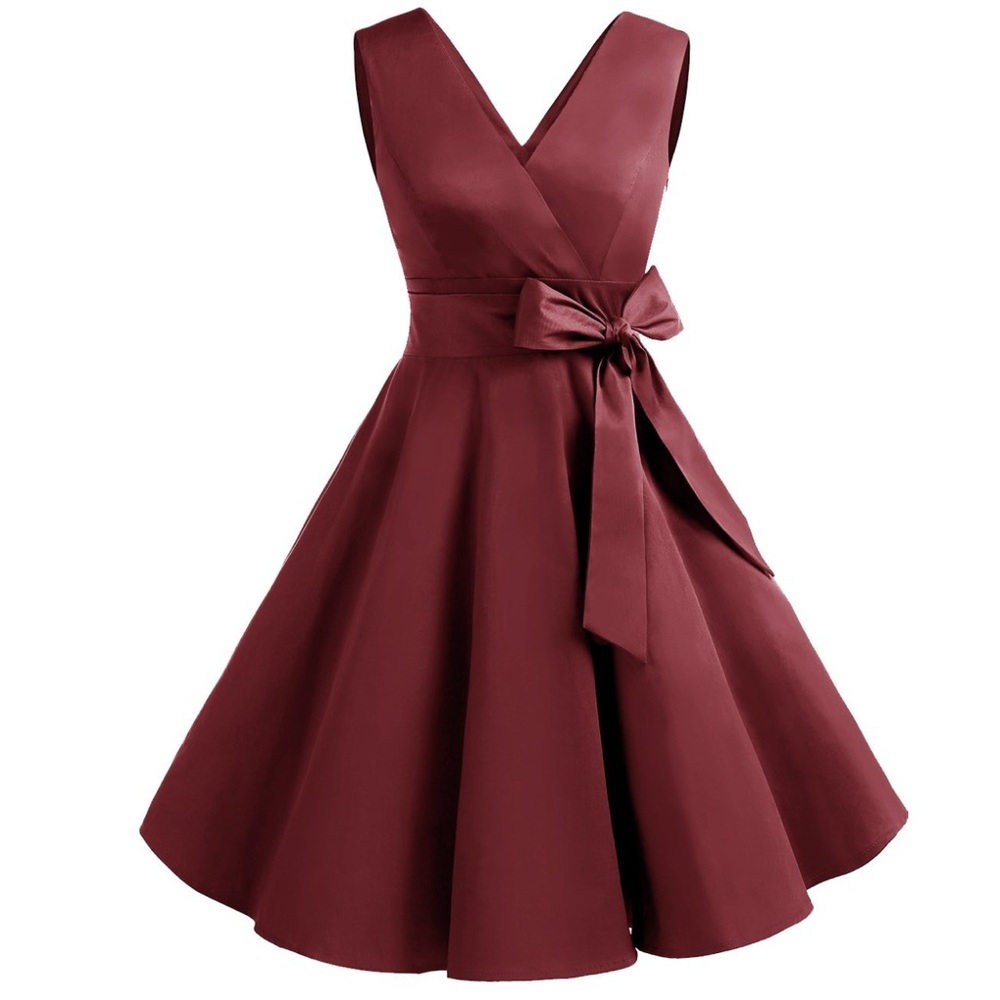 DRESSTELLS Vintage 1950s Solid V Neck Retro Dress